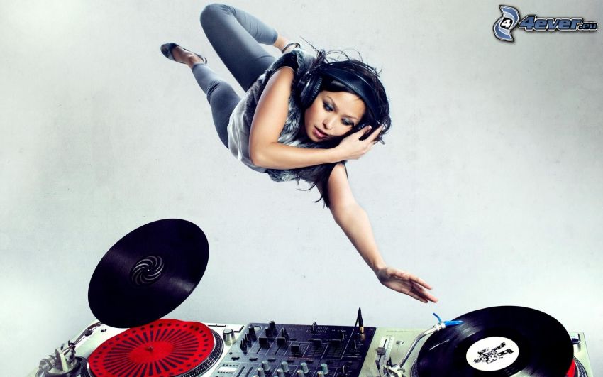 girl with headphones, DJ console, vinyls