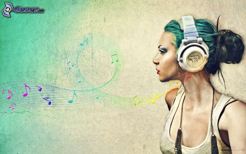 girl with headphones, sheet of music