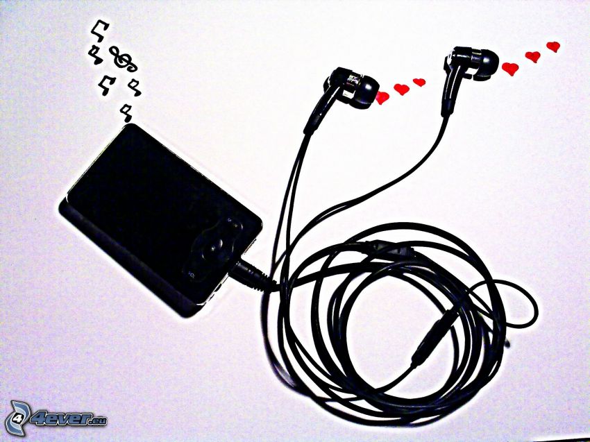 mp3 player, headphones, sheet of music, hearts