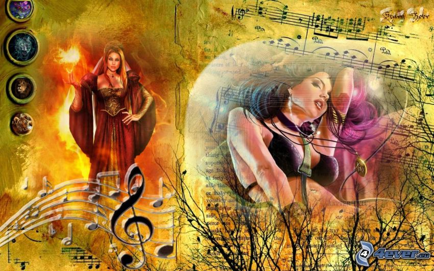 musical collage, women, sheet of music