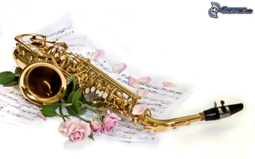 saxophone, sheet of music, roses