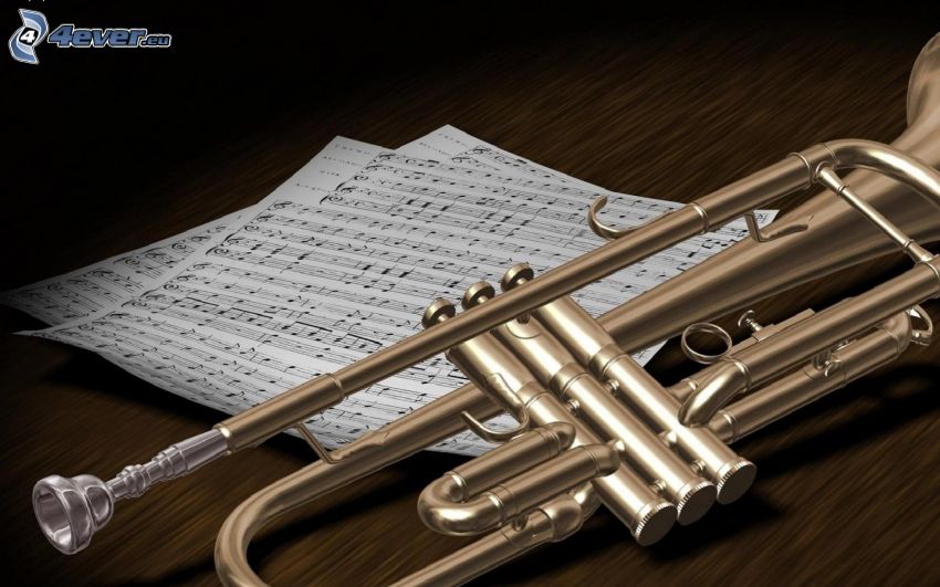 trumpet, sheet of music