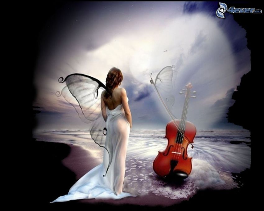 woman with wings, violin, beach, sea