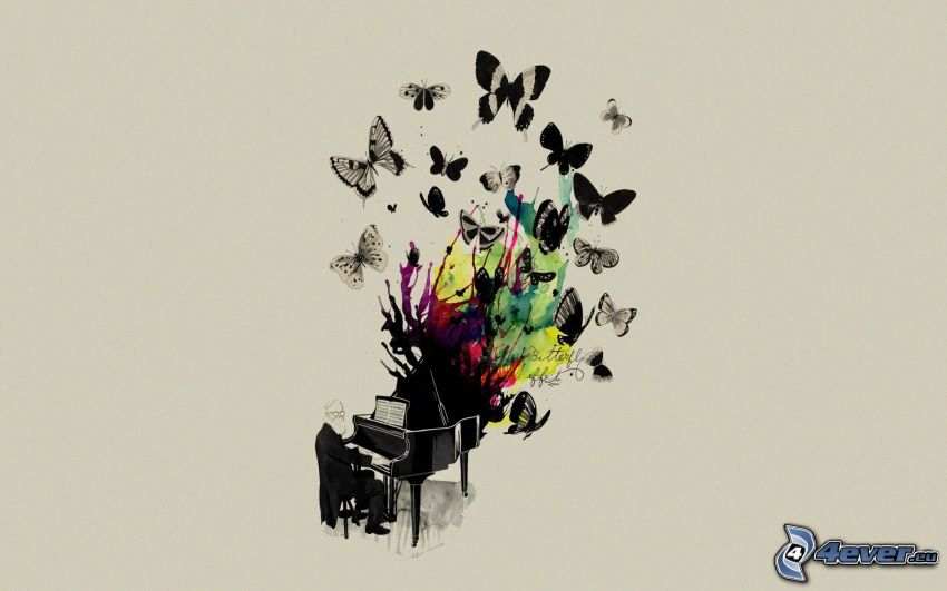 piano, pianist, butterflies