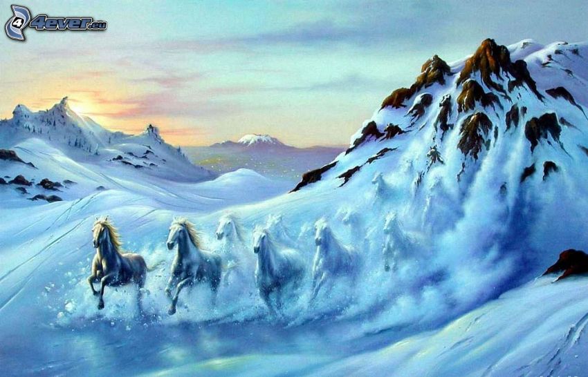 white horses, snow, mountains, avalanche
