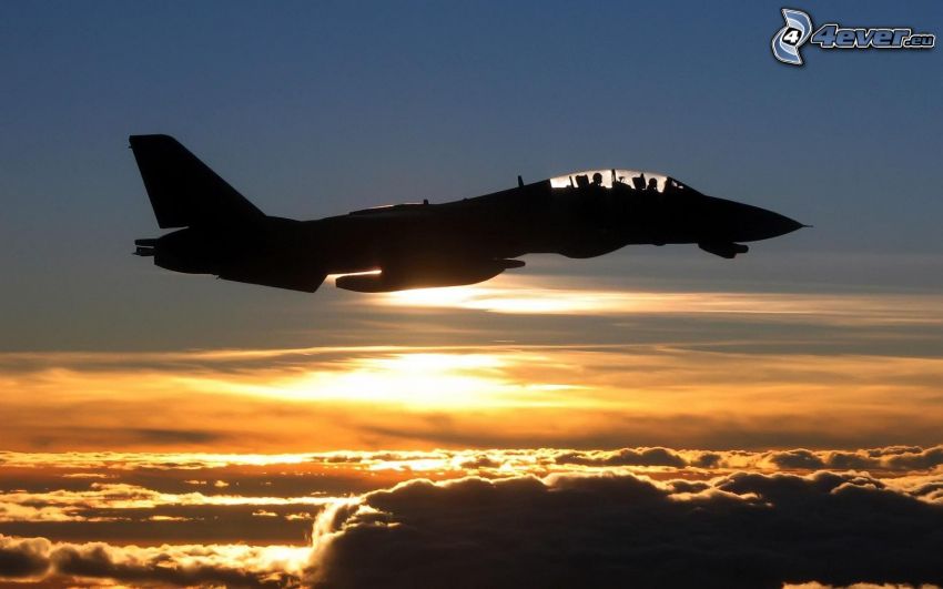 F-14 Tomcat, jet fighter silhouette, clouds, plane at sunset