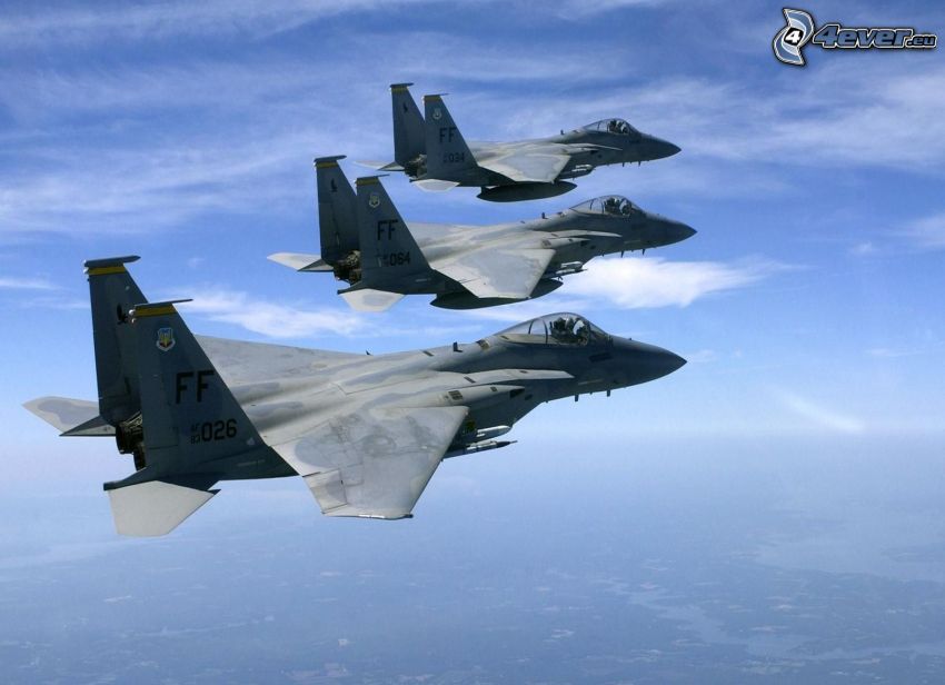 Fleet of F-15 Eagle, formation, fighters, sky