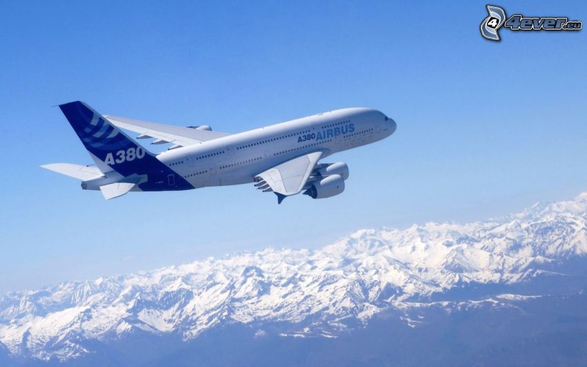 Airbus A380, snowy mountains