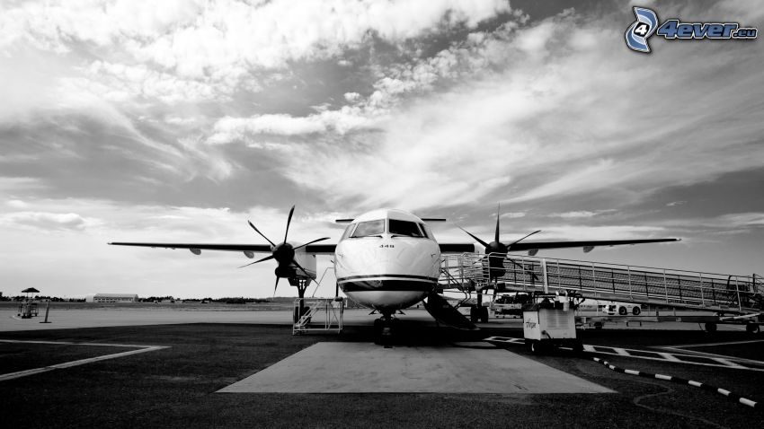 aircraft, clouds, black and white