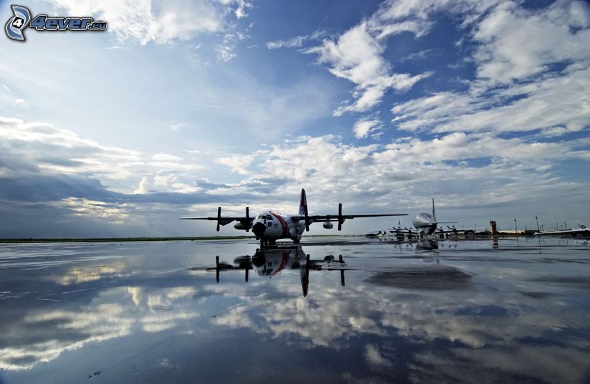 aircraft, water, reflection, clouds