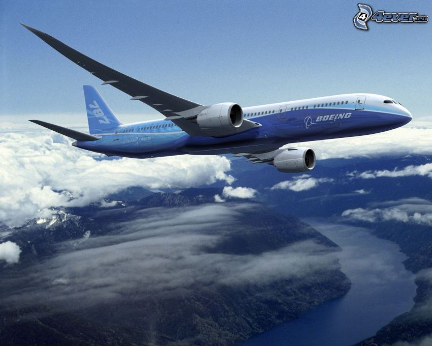 Boeing 787 Dreamliner, aircraft, clouds, landscape