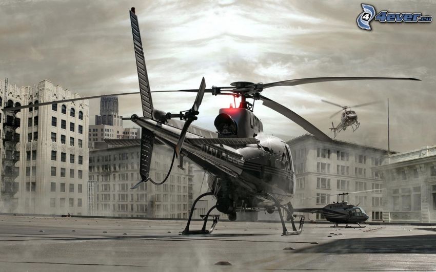 helicopter, black and white photo