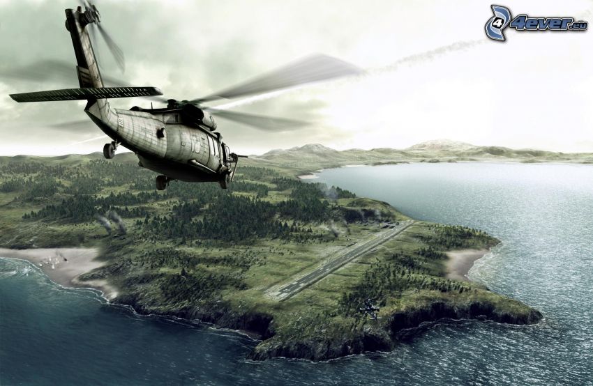 military helicopter, island, sea