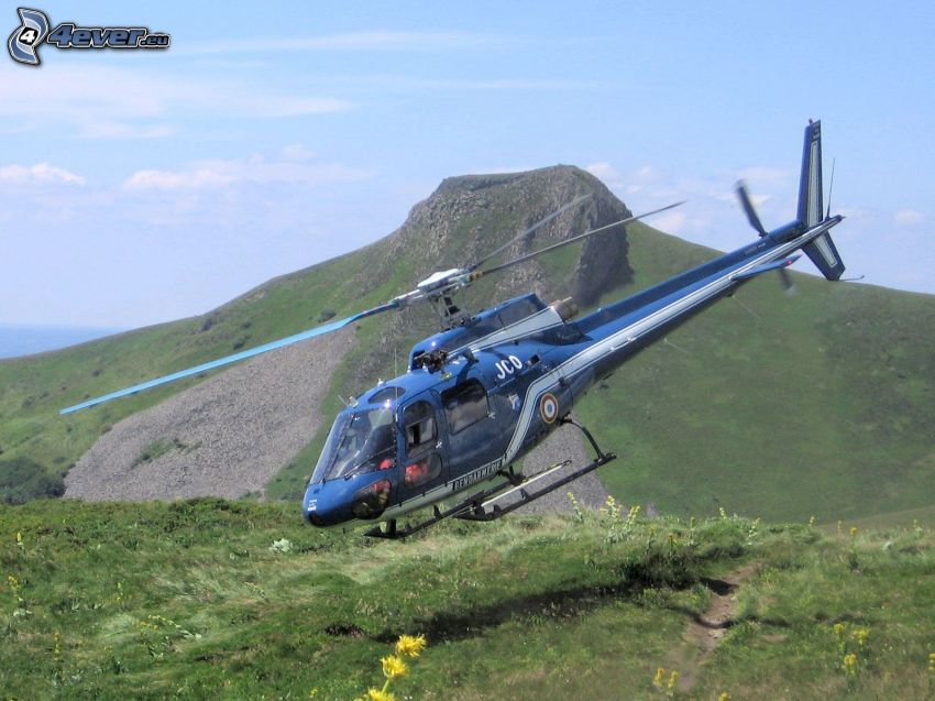 personal helicopter, meadow, mountains