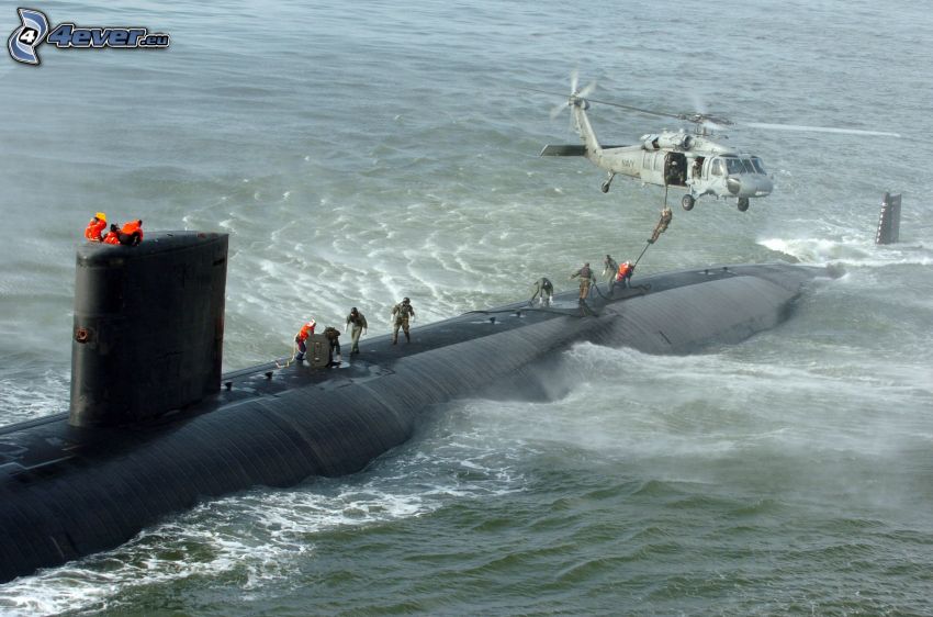 submarine, helicopter, people
