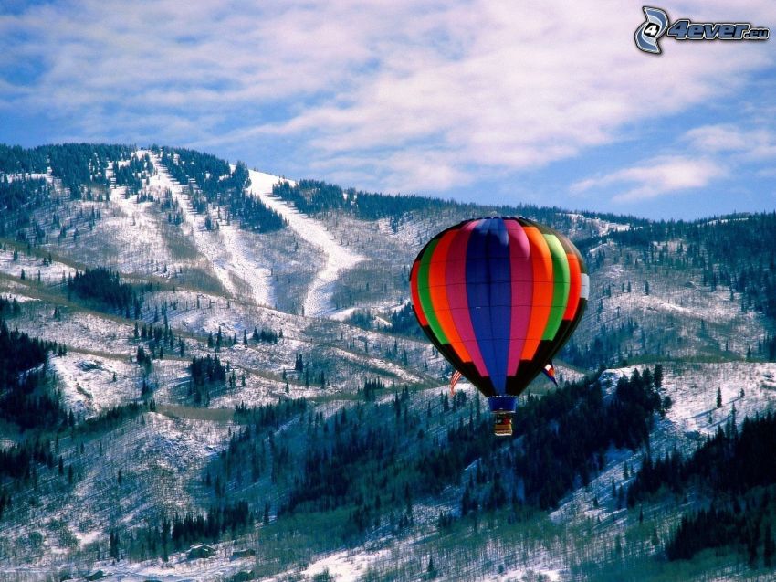 hot air balloon, snowy landscape, forest