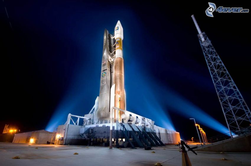 Atlas V, rocket, launch pad, night