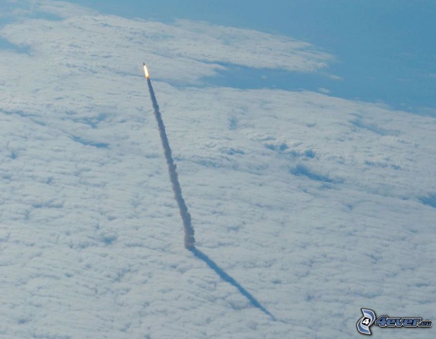 space shuttle start, spaceship, clouds