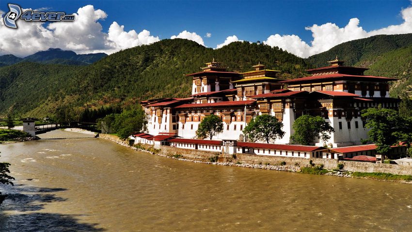 Bhutan, castle, mountains