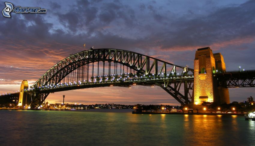 Auckland Harbour Bridge, lighted bridge, evening