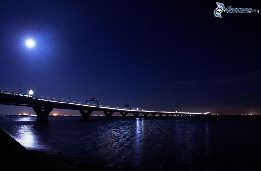 bridge, River, night, Moon