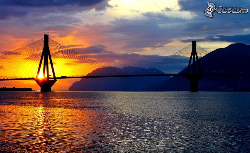 bridge, River, orange sunset, hills