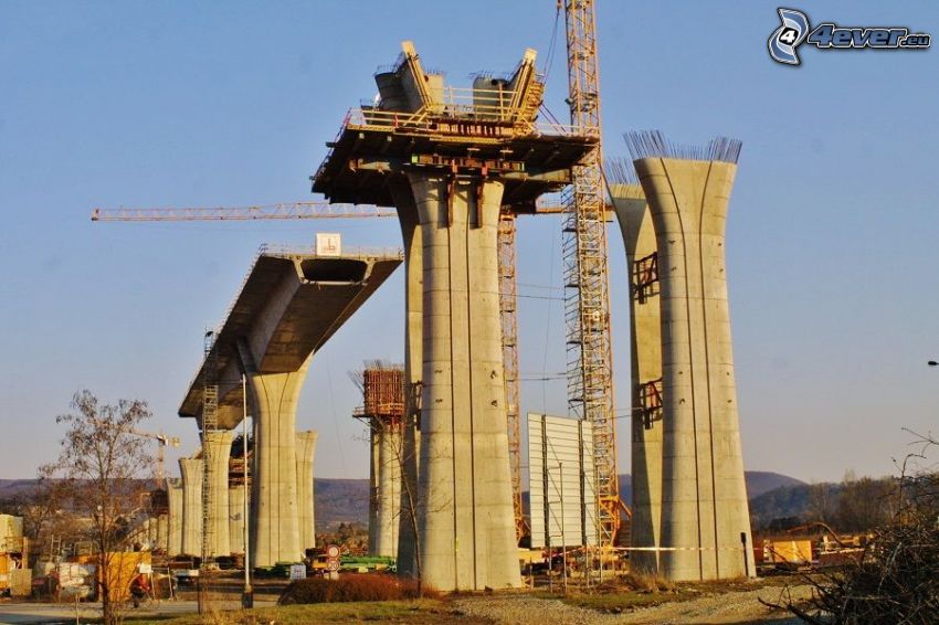 highway bridge, construction, crane, blue sky