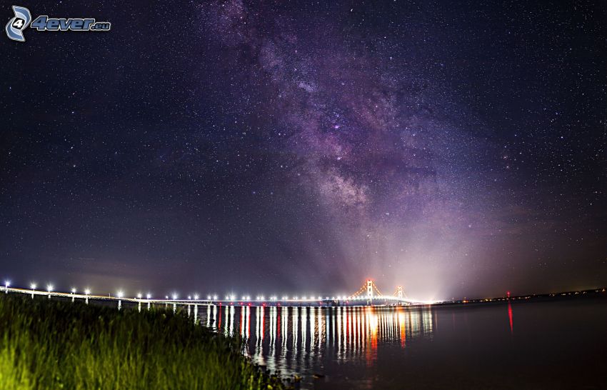 Mackinac Bridge, lighted bridge, night sky, starry sky