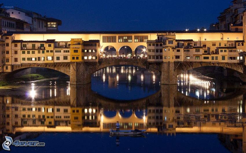 Ponte Vecchio, Florence, night, lighted bridge, Arno, River, bridge