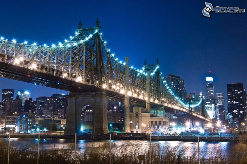Queensboro bridge, lighted bridge, evening city, New York