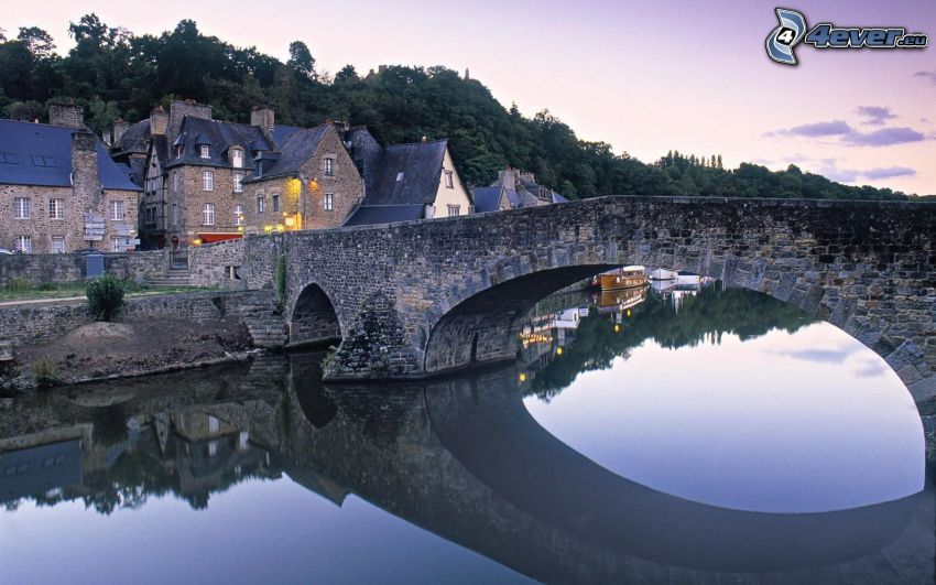 stone bridge, River, houses, calm water level, reflection