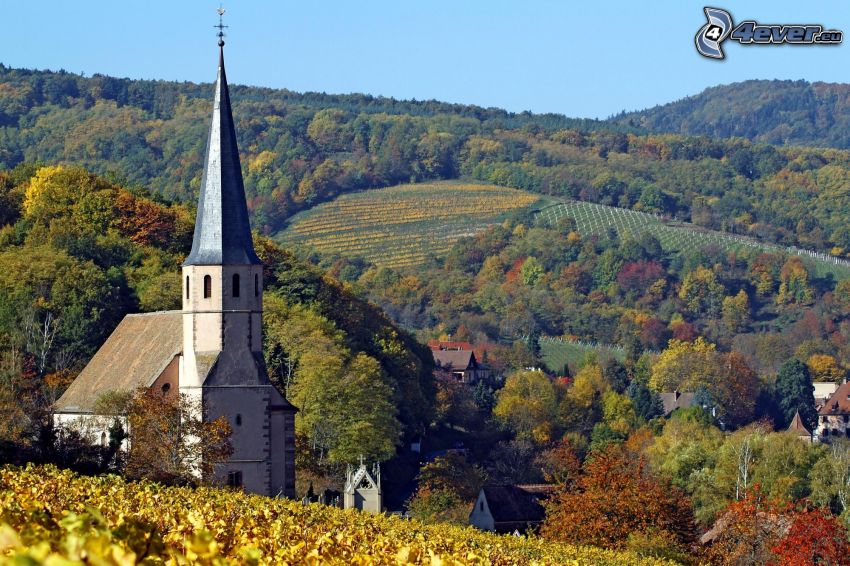 church, village, mountain