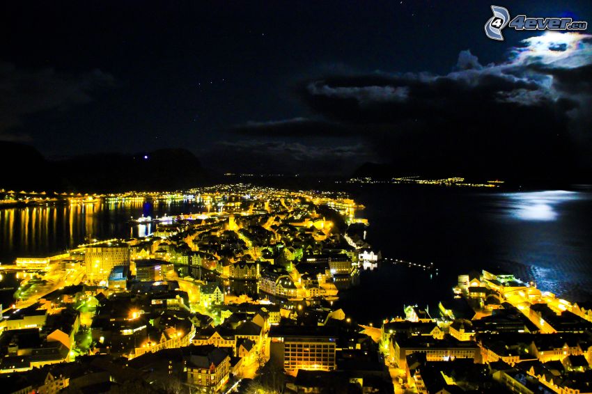 Ålesund, Norway, night city, moon