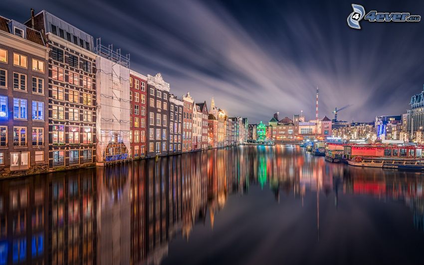 Amsterdam, night city, houses, water surface, reflection