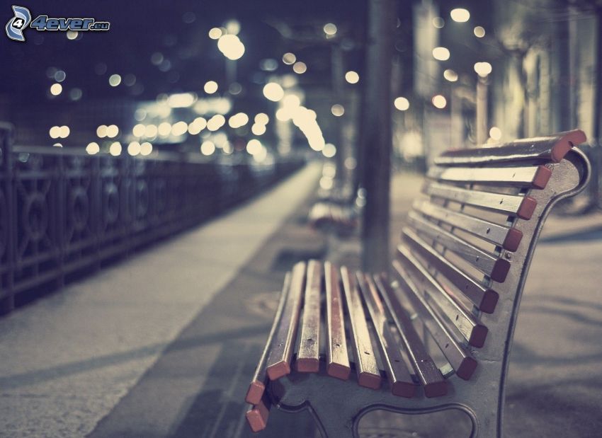 bench, sidewalk, night