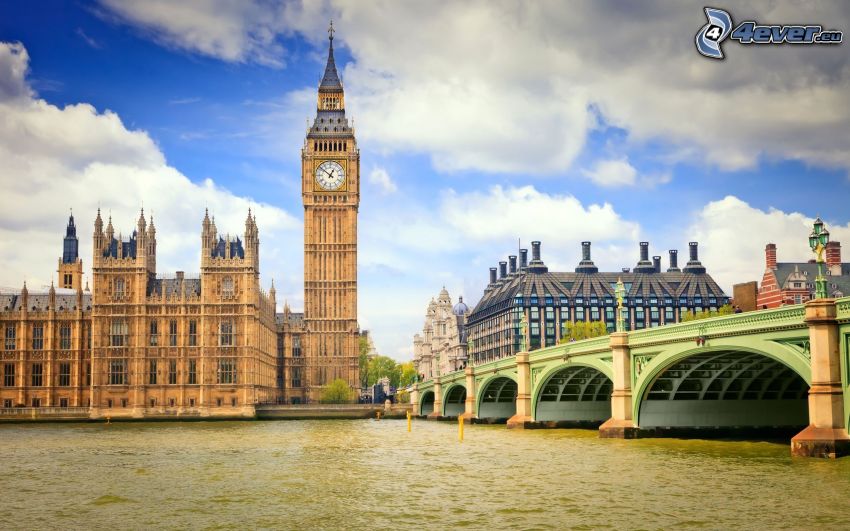 Big Ben, England, clouds, Thames