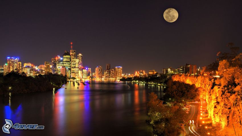 Brisbane, night city, Moon