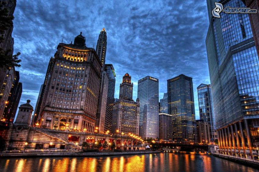 Chicago, skyscraper, evening city, HDR
