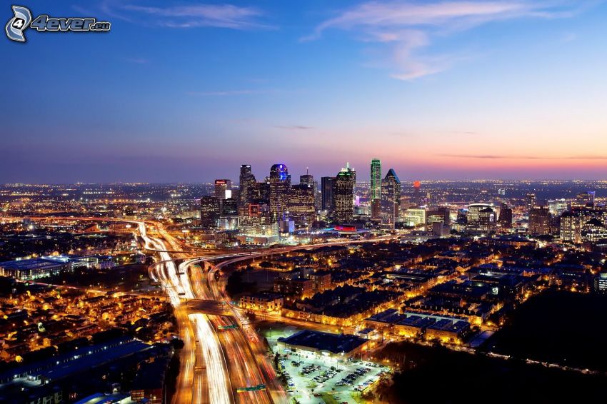 Dallas, night city, skyscrapers, highway