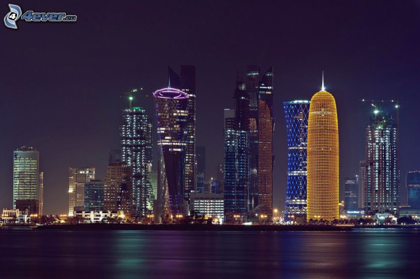 Doha, night city, skyscrapers