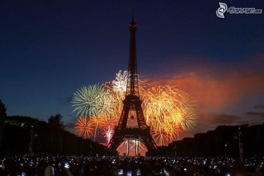 Eiffel Tower at night, fireworks