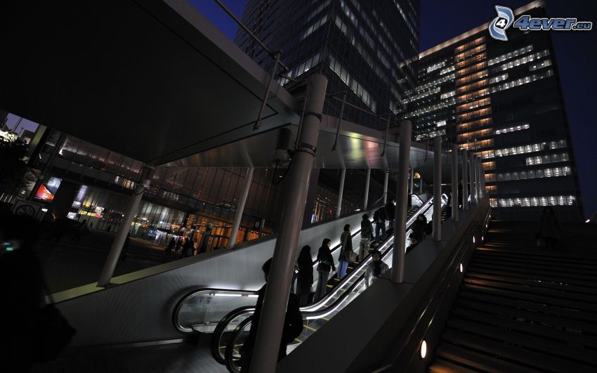 escalator, skyscrapers, night city