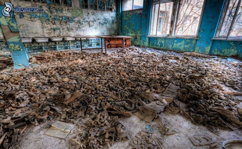 gas masks, abandoned room, Prypiat, Chernobyl
