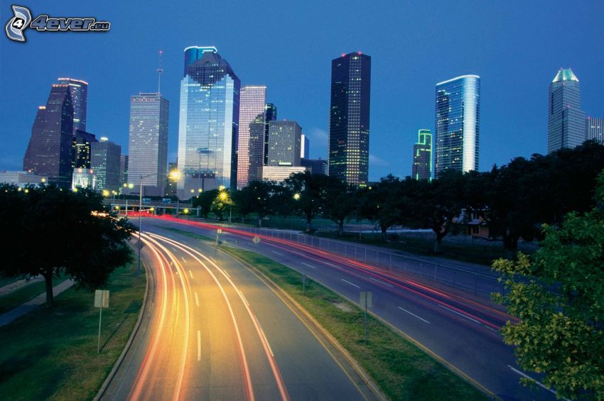 Houston, skyscrapers, night highway