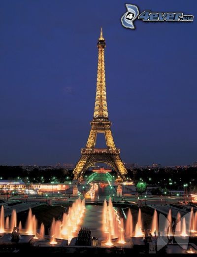 illuminated Eiffel Tower, fountains, night