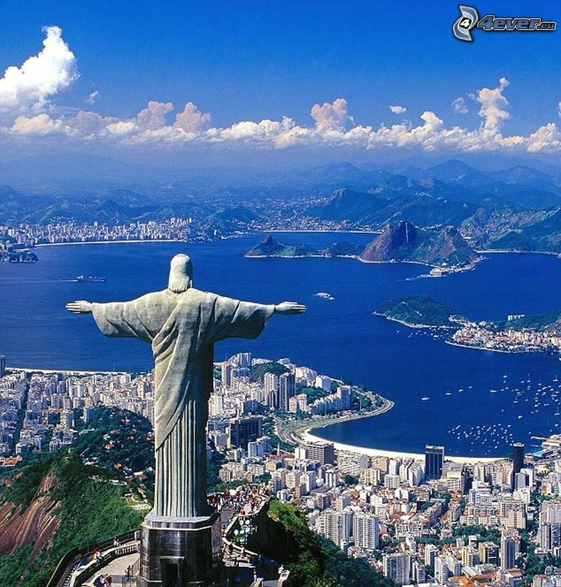 Jesus in Rio de Janeiro, Rio De Janeiro, Brazil, statue, view of the city, sea