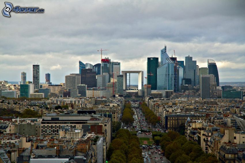 La Défense, skyscrapers, crane, street, Paris