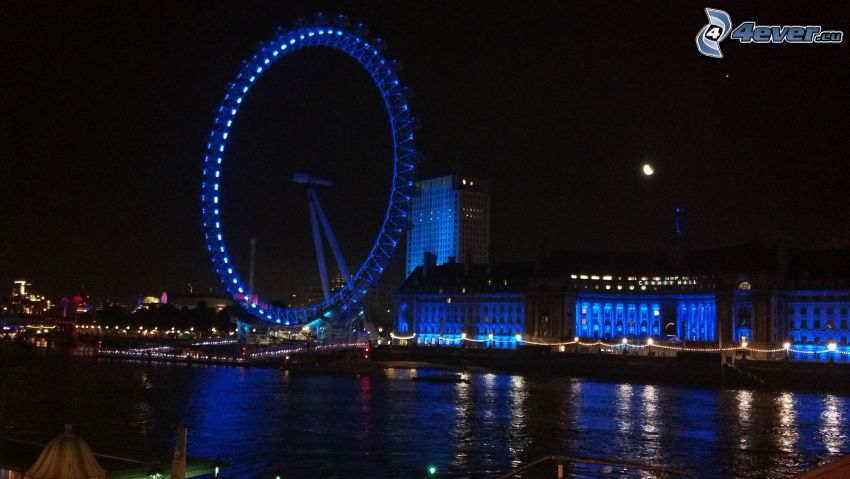 London, night city, ferris wheel, Thames