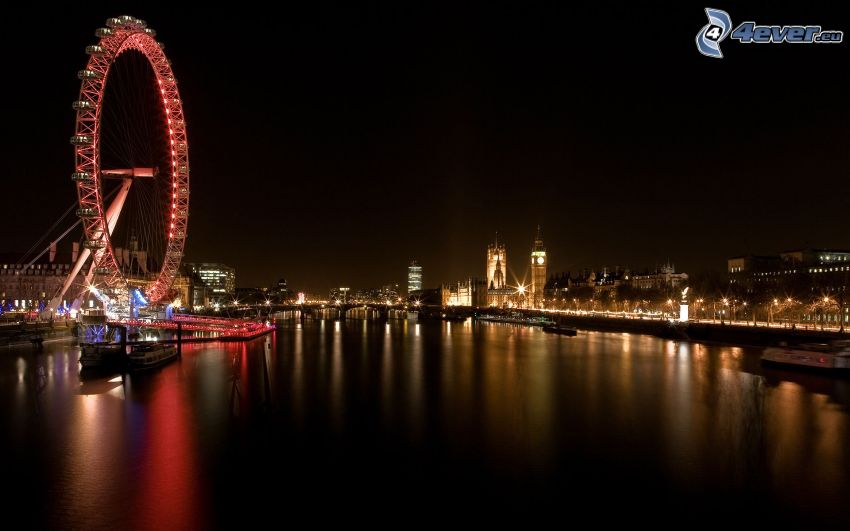 London Eye, London, Thames, night city