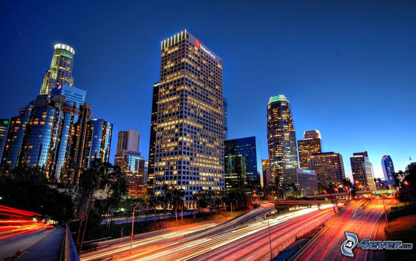 Los Angeles, skyscrapers, road